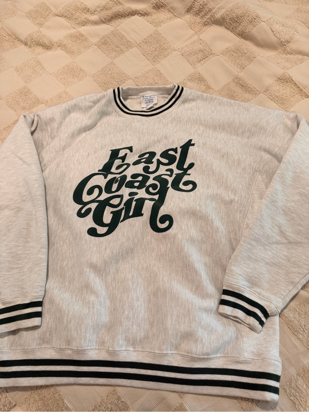 Champion Reverse Weave Crewneck Sweatshirt - White with dark green Stripes